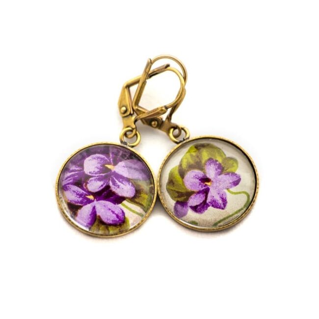 Golden postcard studs earrings Purple Flowers