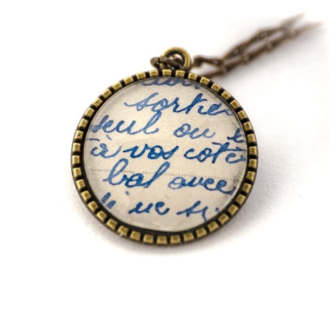 Vintage postcard necklace Blue Writing