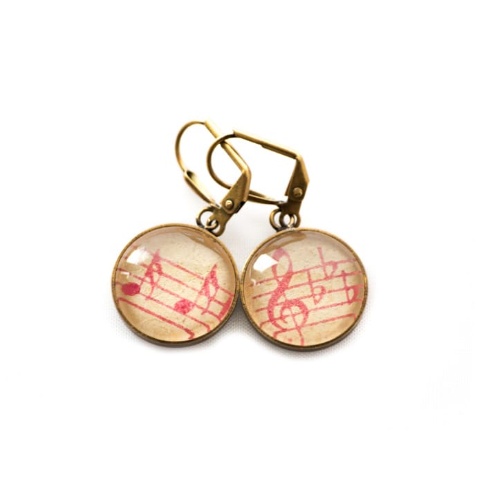 Boucles d'oreilles dorée Partitions Clé Sol Bémol et Double Croches rose