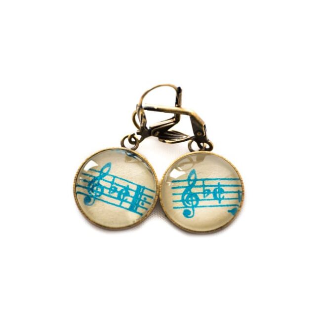Boucles d'oreilles dorées Partitions Clés Sol Bémol 2/2 turquoise
