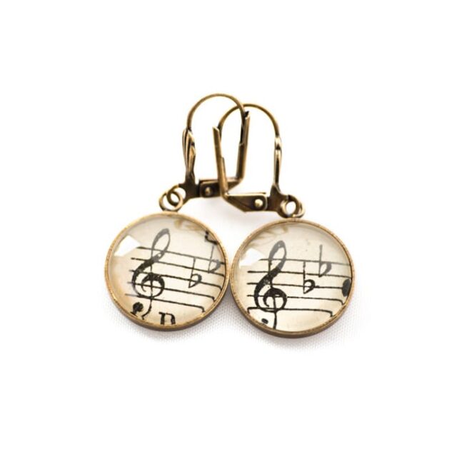 Boucles d'oreilles dorées Partitions Clés Sol Bémol noir