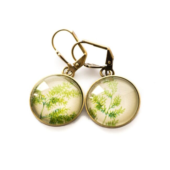 Golden postcard studs earrings Green Foliage