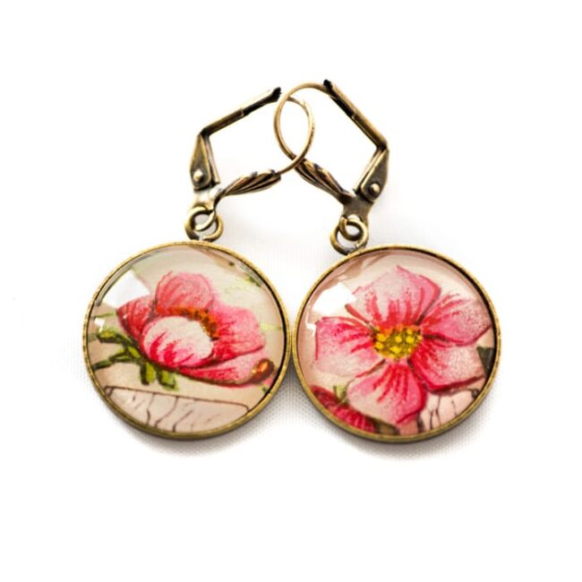 Boucles d'oreilles dorées carte postale Fleurs Roses