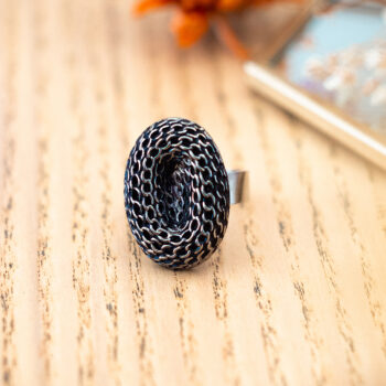 Grande bague Dahlia ovale - Assuna Vintage Crafts - bague argentée style rétro, bague art déco, bague vintage argenté pour femme, bijoux bagues rétro argentés faits main en pièce unique, bague au style rétro, bague vintage fait main, bague cadeau