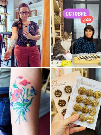 En octobre, Laure est arrivée à l’atelier… rapidement adoptée par le squatteur officiel du quartier Et ce mois a aussi marqué un cap symbolique : 15 ans d’Assuna, un nouveau tatouage et de nouveaux boutons pour célébrer tout ça ❤️